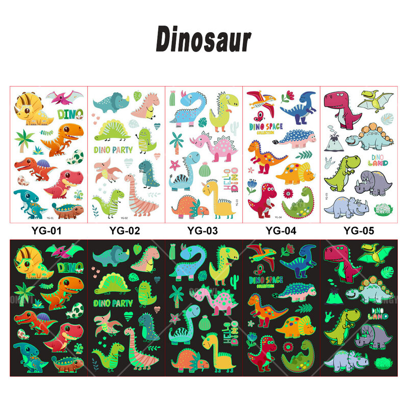 恐竜のパターンを持つ防水自己粘着性の入れ墨,5枚の発光または防水の装飾