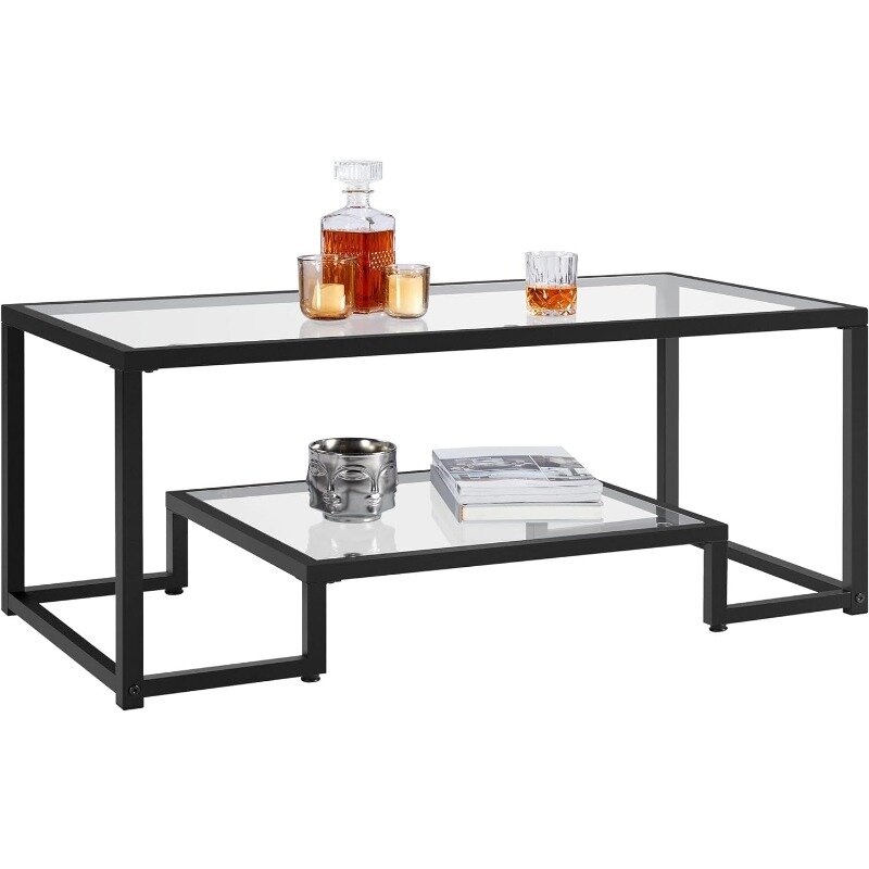 Coffee Table, Tempered Glass Coffee Table, Modern Simple Center Table w/Geometric-Inspired Design & Metal-Frame & Easy Assembly