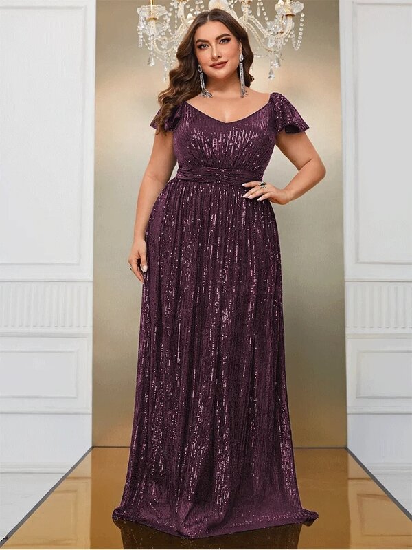Plus Size Short Sleeve Loose Purple Sequin Elegant Evening Dress 4XL 5XL Big Size Fashionable Sequin Long Dress for Women