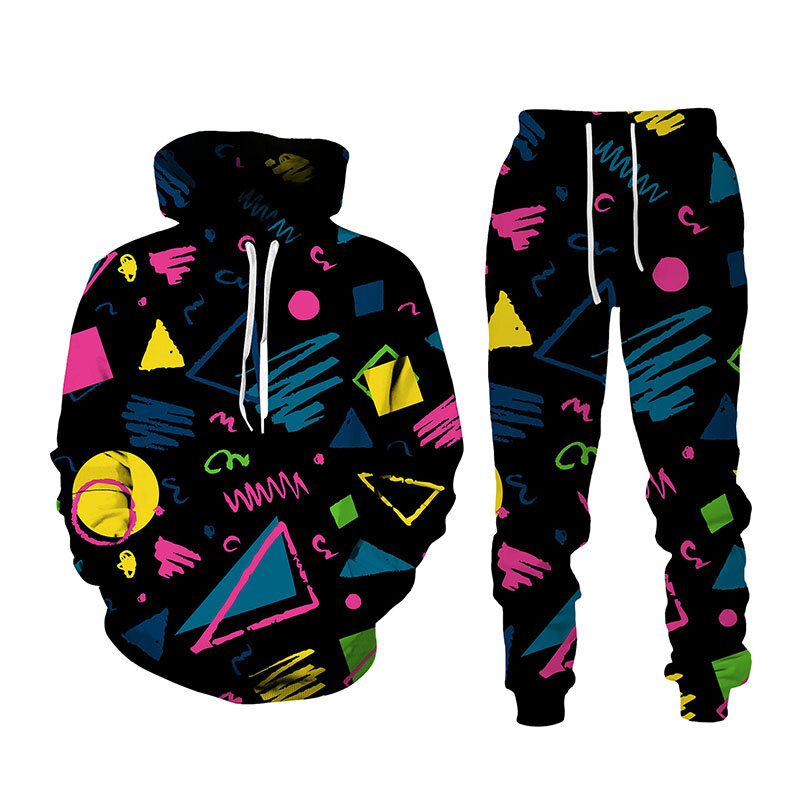 Geometria densa padrão impressão conjunto de treino homem mulher hoodie + calças 2 pçs define hip hop tendência casual pulôver de grandes dimensões streetwear