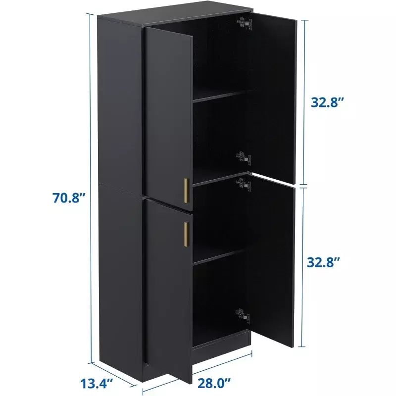 Armario de almacenamiento de despensa de cocina, alto, independiente, con puertas y estantes ajustables, negro/blanco, 71"