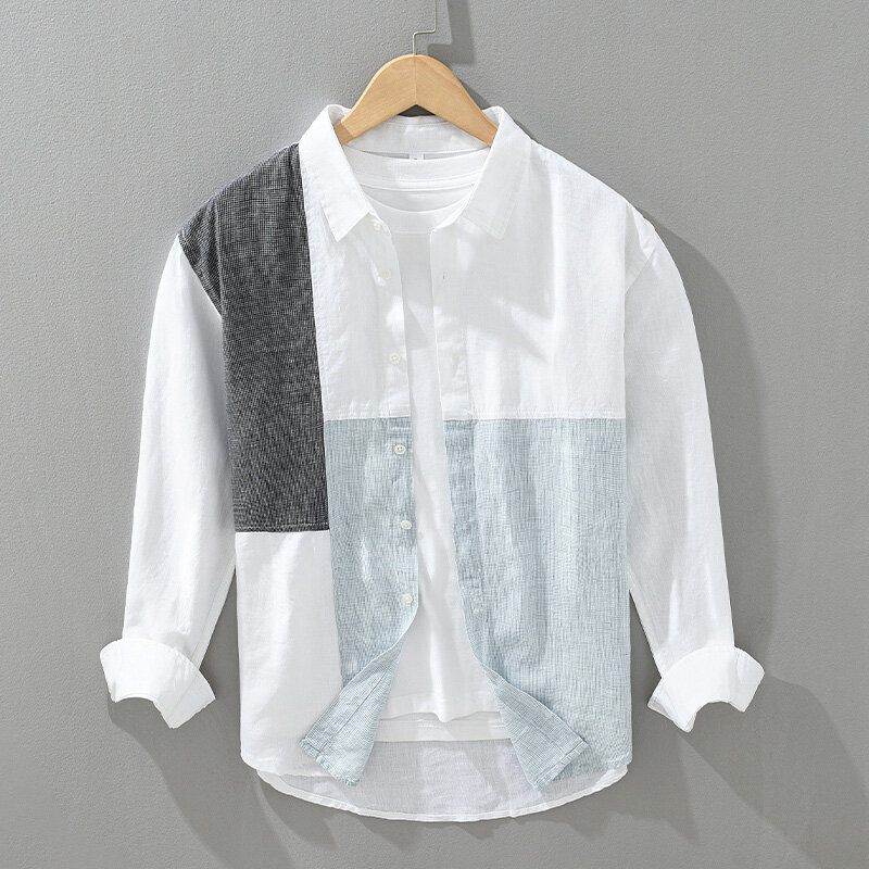 Camisa de linho de manga comprida masculina, camisas soltas, sem salto, moda patchwork roupas, 100%