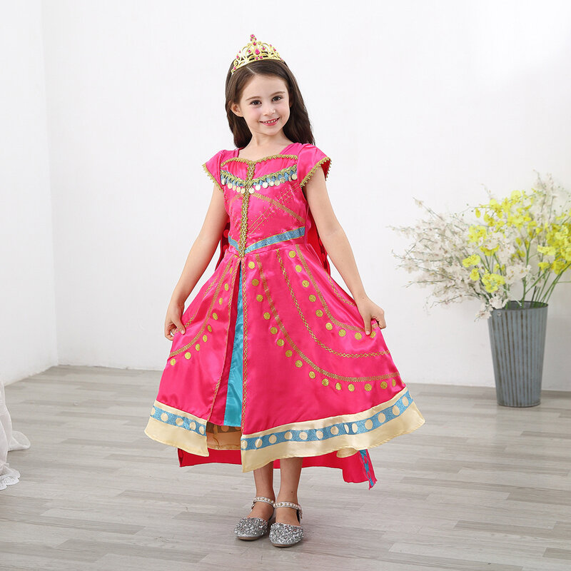 Vestido de princesa Jasmine feminino, Aladdin, lindo vestido rosa, LED Light, Traje de coroação, Roupas árabes infantis, Natal