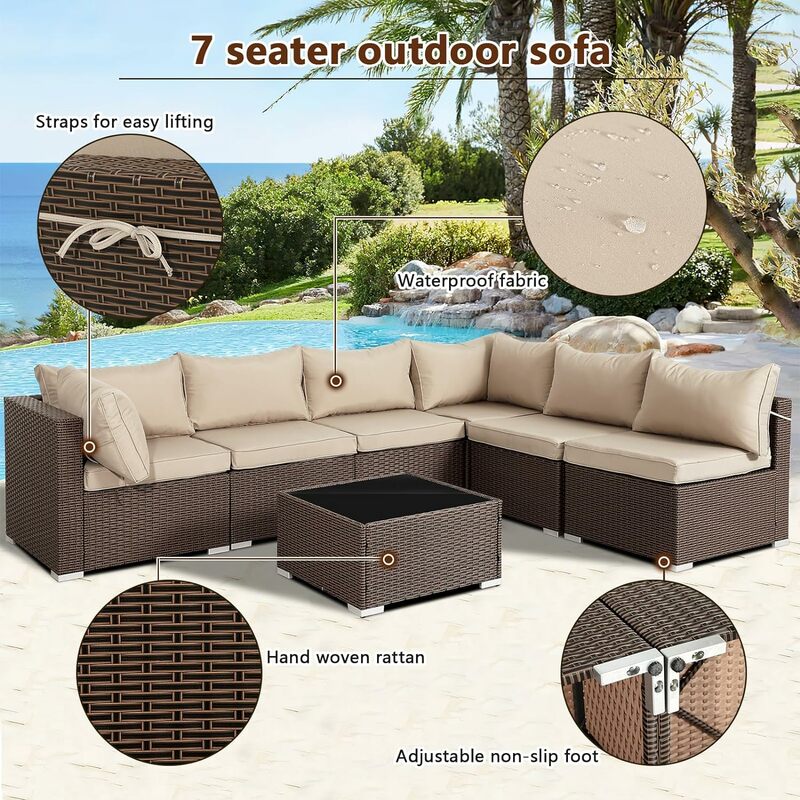 Outdoor-Rattan möbel Sofa garnitur, Korbpatio-Gesprächs garnituren mit Couch tisch, Outdoor-Schnitts ofa mit Khaki-Kissen
