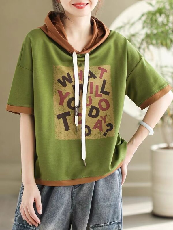 2024 Summer Fashion Letter Printed Hooded Pullovers For Women Casual T-Shirts Loose Daily Short Sleeve Female Tops Sweatshirts