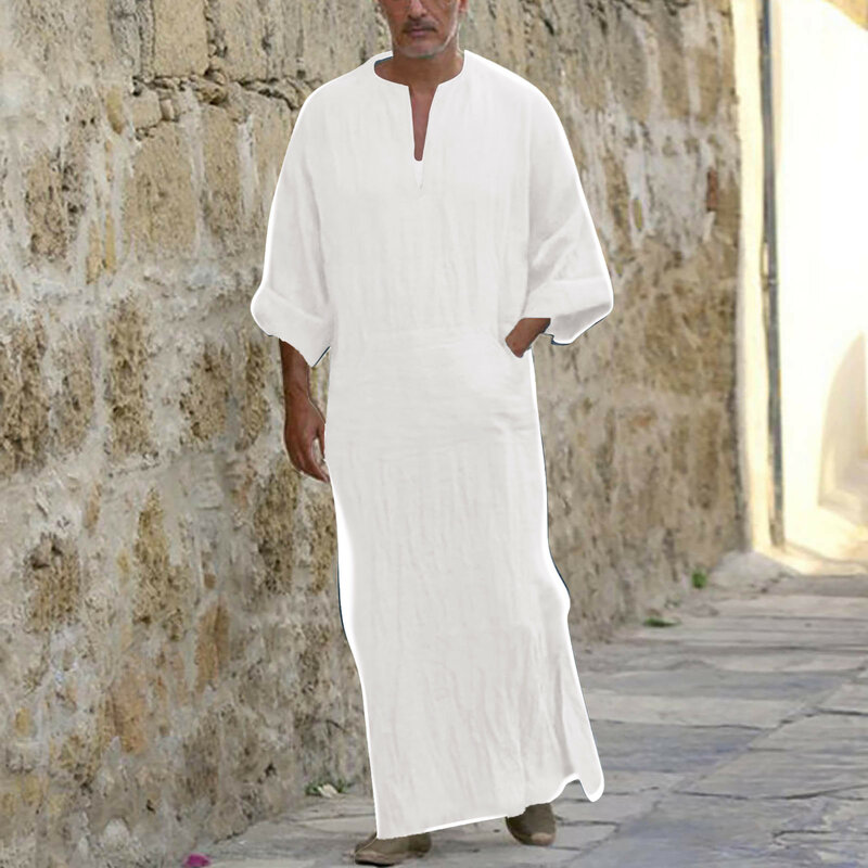 Vestes longas árabes masculinas, Arábia Saudita, Kaftan de linho masculino, Vestuário islâmico médio, Moda muçulmana, Vestido Abaya Dubai