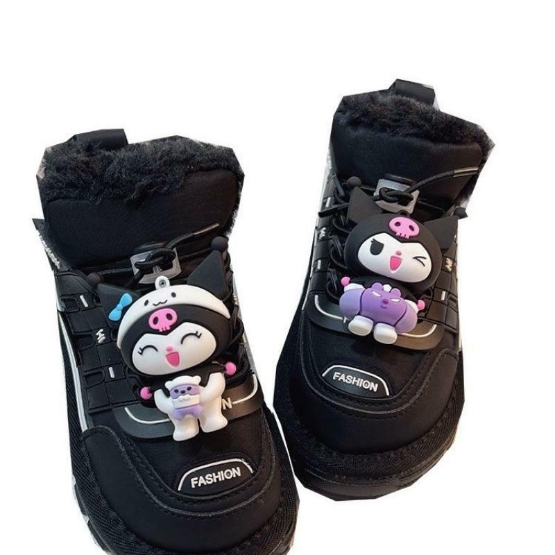 Sanrio Kuromi sepatu olahraga anak, sepatu olahraga warna hitam Anti selip Anime 23, sepatu kasual Plus beludru musim dingin, sepatu katun gaya baru