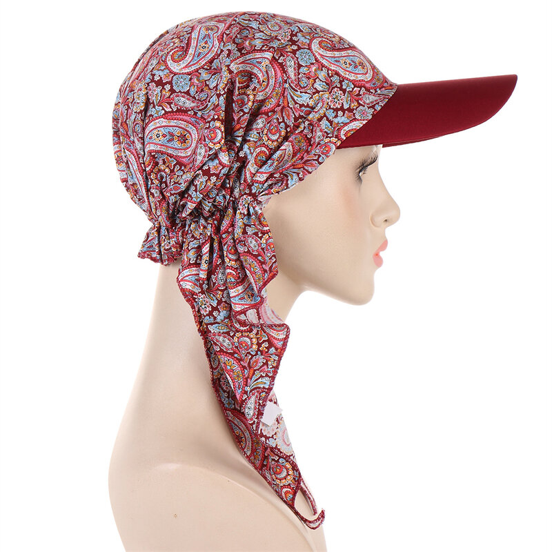 Hijab estampado floral muçulmano para mulheres, chapéu de turbante, boné de beisebol viseira, chapéu de sol, lenço de aba, lenços femininos, bandanas, moda