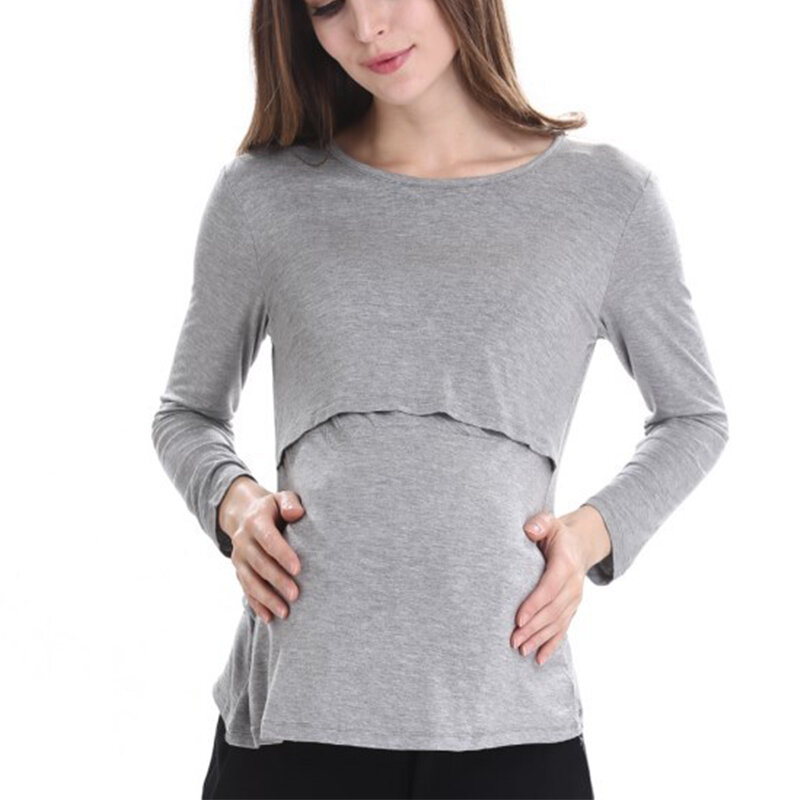 Bawełniana koszulka ciążowa odzież wiosenna z długim rękawem Soild bluzka do karmienia piersią koszule do karmienia piersią letnia ciąża