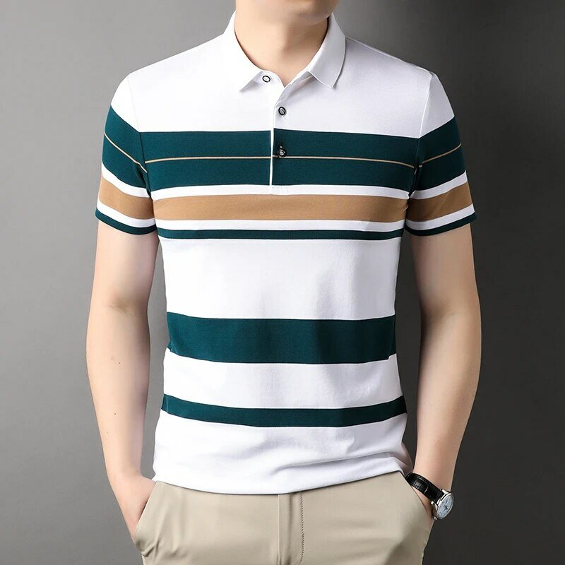 Kaus Polo pria, musim panas bergaris cetak gaya bisnis pakaian kancing kasual pria Streetwear lengan pendek kaus Golf pria