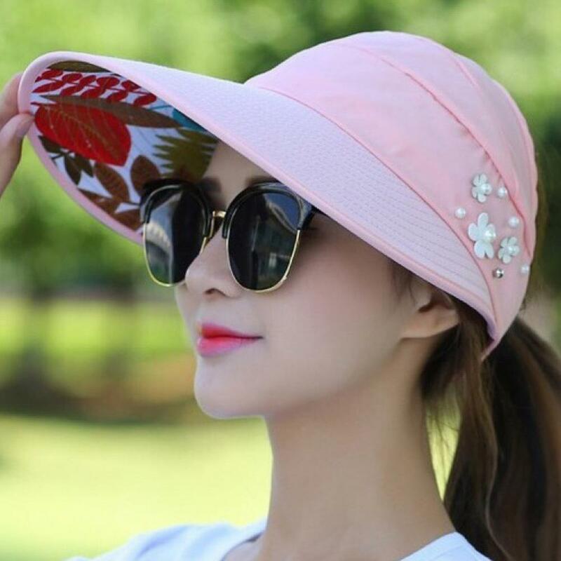 Chapéu de sol dobrável casual com viseira pérola e flor, boné ao ar livre, verão
