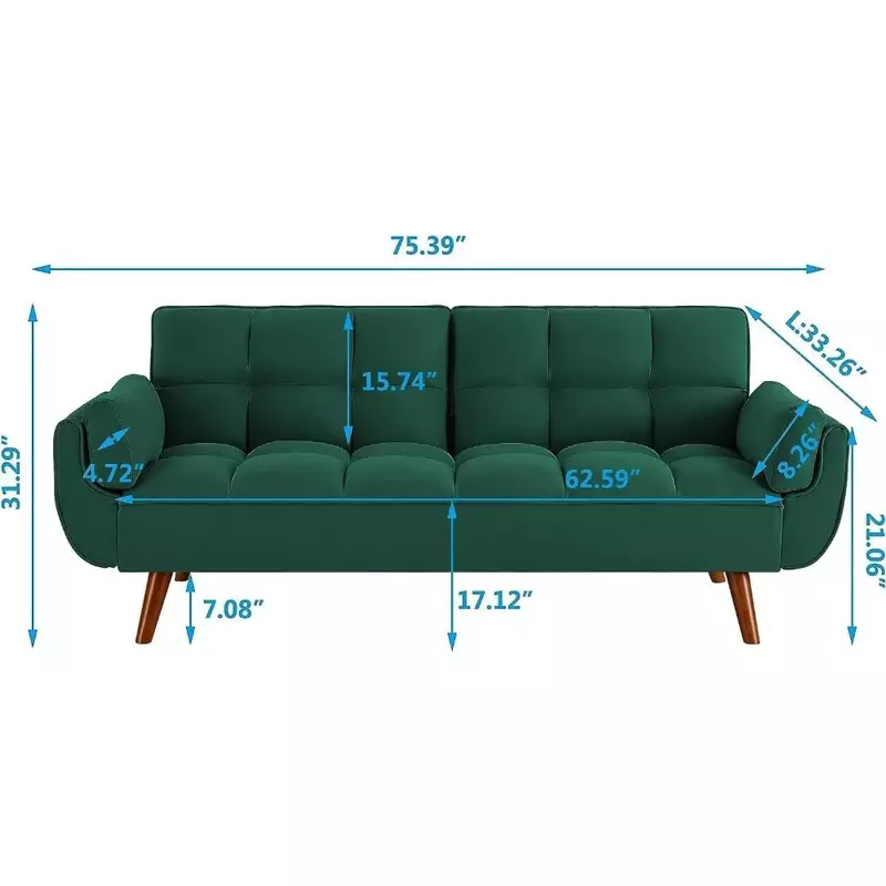 Convertible Futon Sofá-cama, linho sofá-cama, moderno 3 lugares sofá adornado com encostos ajustáveis e pernas de madeira maciça, 75"
