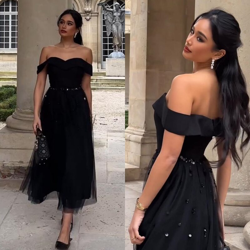 Tulle Sequined Clubbing A-line Off-the-shoulder Bespoke Occasion Gown Midi Dresses