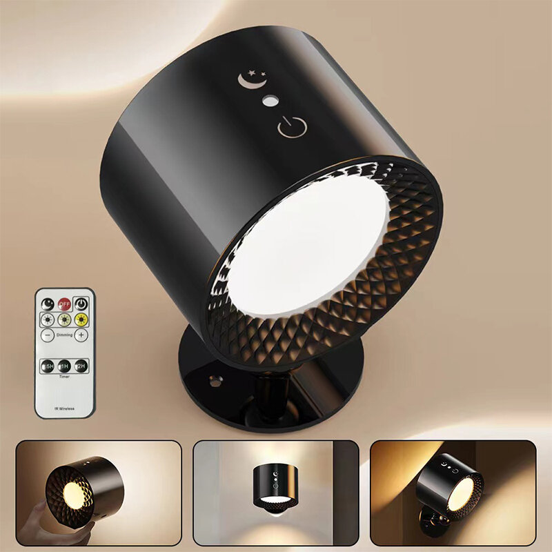 LED cabeça dupla lâmpada de parede com controle remoto, 360 ° Rotatable, USB Recarga, sem fio, portátil, Night Light para o quarto, lâmpada de leitura, Touch Control