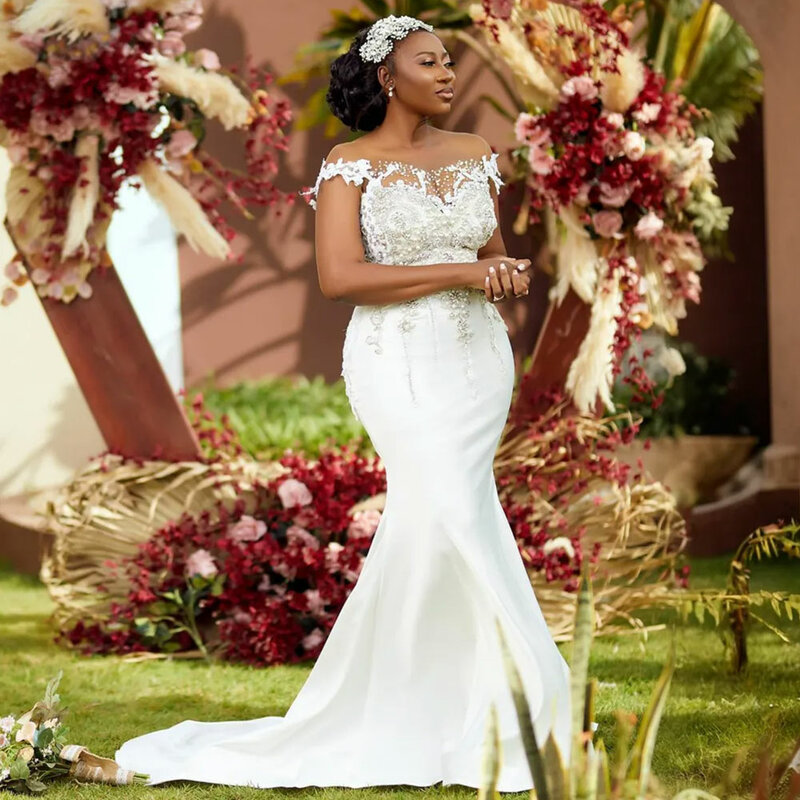 Luxury Wedding Dresses for Bride African Arabic Plus Size Bridal Dress Mermaid Off Shoulder Sheer Neck llusion Country Gowns