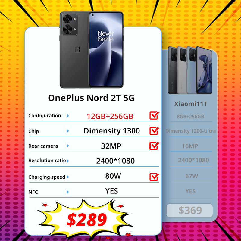 Global Version OnePlus Nord 2T 5G 8GB 128GB Dimensity 1300 GPS 4500mAh 80W SUPERVOOC NFC 6.43'' AMOLED 50MP Sony IMX766