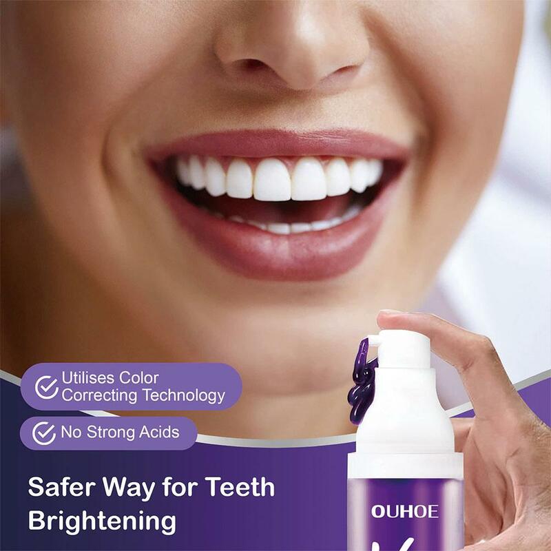 V34 Purple Toothpaste Corrector para Dentes, White Brightening Tooth Care, Reduzir amarelecimento, Quente, 30ml