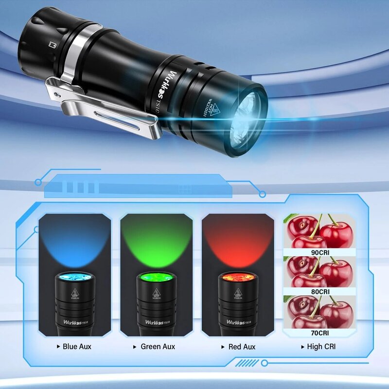 Wurkkos TS10 V2 Lamps 14500 EDC Torch 1400LM Camping Flashlight IPX8 3*90 CRI LEDs & 3*RGB Aux LEDs Outdoor Light Anduril 2.0