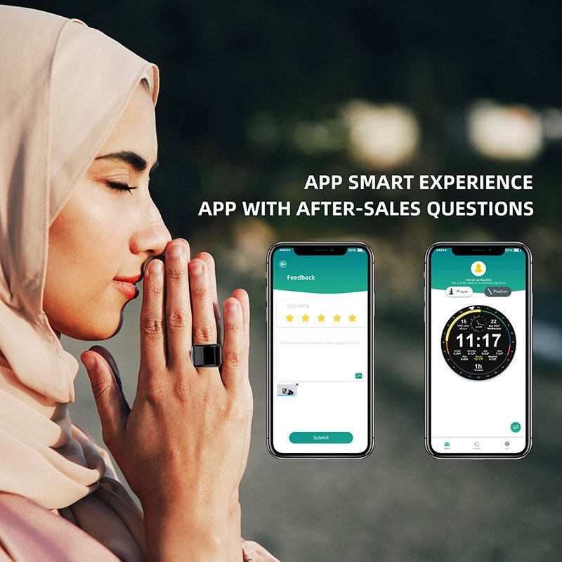 Muslim Digital Smart Azan Alarm Zikir Counter Qibla 5 Prayer Times Reminders Tasbeeh Ring