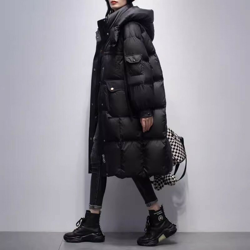 여성용 블랙 다운 재킷, 한국 화이트 덕 다운 후드 코트, 따뜻하고 두꺼운 롱 파카, 섭씨 영하, 2023 겨울 신상