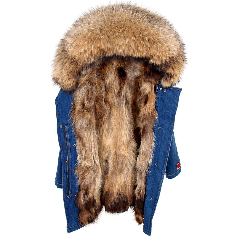 Maomaokong-abrigo vaquero con forro de piel de conejo para mujer, parkas largas con Cuello de piel de mapache, invierno, 2022