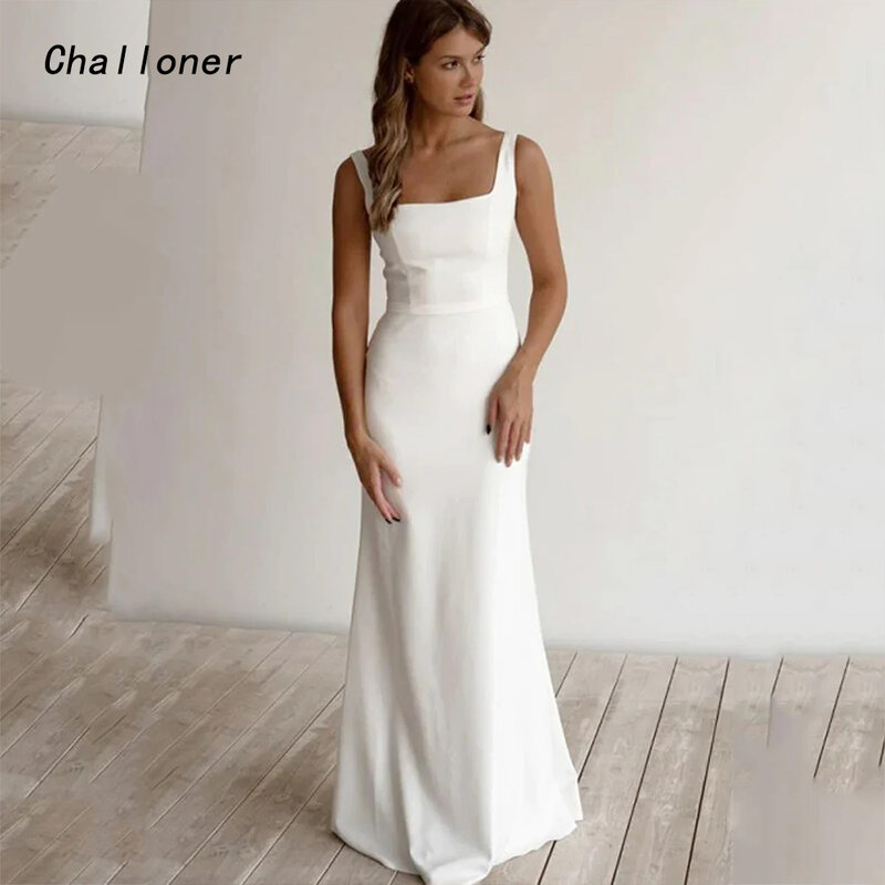 Challoner ชุดแต่งงานทรงฝักแบบเรียบง่ายเดรสแต่งงานทรงสี่เหลี่ยมแขนกุดมีซิปด้านหลังยาวถึงพื้นมีเข็มขัด