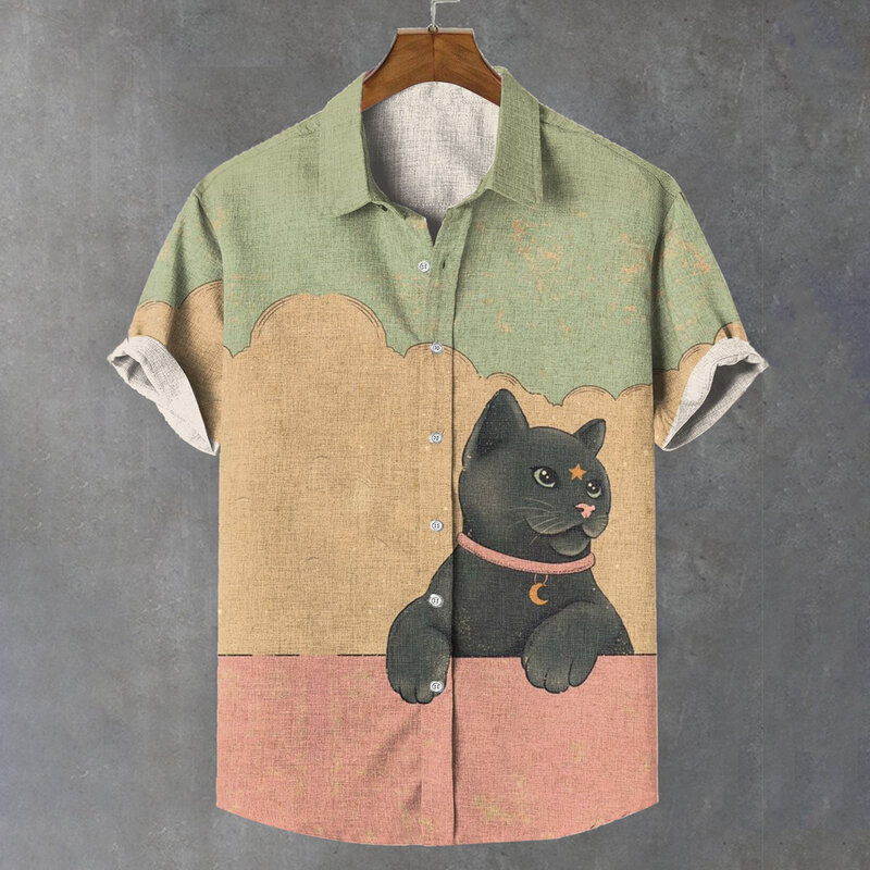 Summer Men's Shirt Animal Pattern Print Cat Shirts Casual Short Sleeve Streetwear Fashion Male Oversized Clothing Cardigan Top