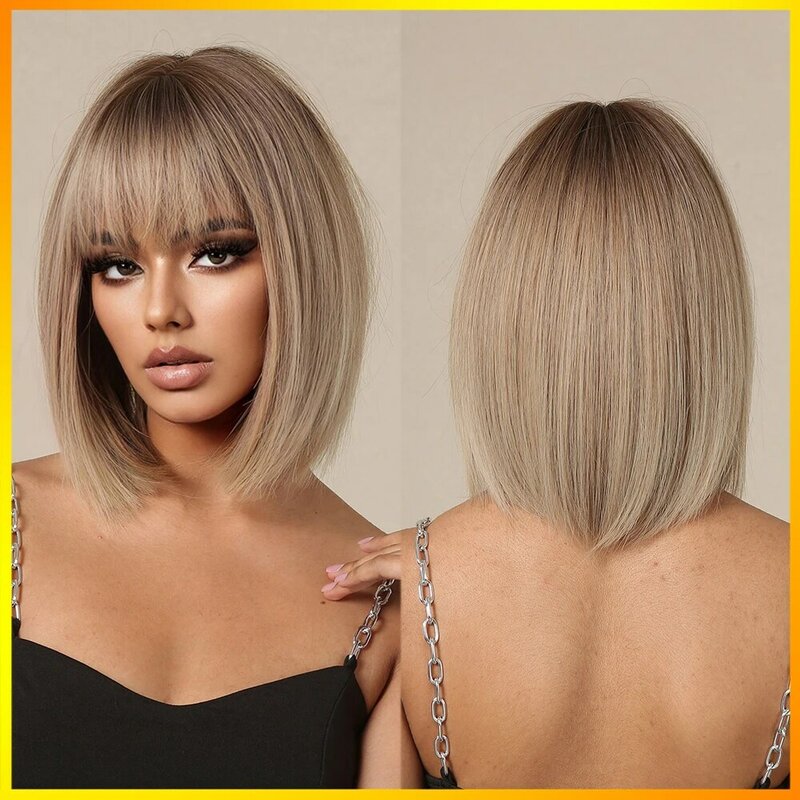 Middle Part Short Straight Bob Wigs Heat Resistant Fiber Brown Blonde Ombre Natural Synthetic For Women Cosplay Daily Party Hair