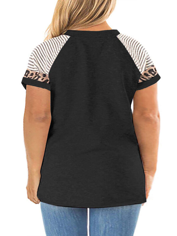 Womens Plus Size Raglan Short Sleeve Striped T Shirts 2023 Summer Round Neck Loose Fit Leopard Print Casual Tee Tops