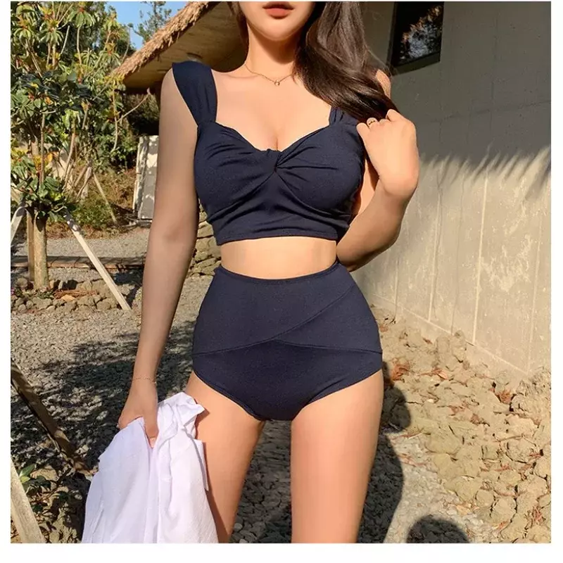 2023. damski dwuczęściowy zestaw trójkątne bikini strój kąpielowy z wysokim stanem koreański damski strój kąpielowy w jednolitym kolorze bikini na gorącą wiosnę
