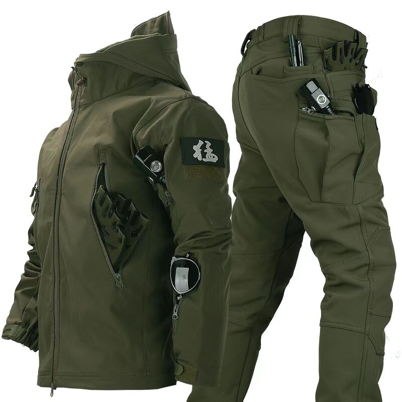 카모 겨울 전술 세트 남성용 상어 피부 소프트 쉘 후드 재킷 및 멀티 포켓 스트레이트 카고 바지, 방수 세트, 2 개 수트