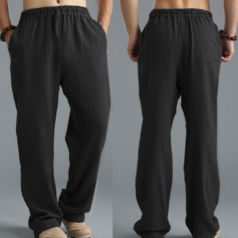 Pantalones De Yoga para Hombre, ropa informal De algodón y lino, holgados, con cordón, para verano