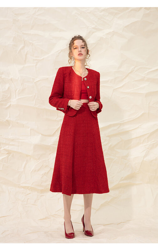 Primavera e outono novas senhoras vermelhas temperamento curto em torno do pescoço mangas compridas fino ajuste e fino tweed casaco moda feminina all-match