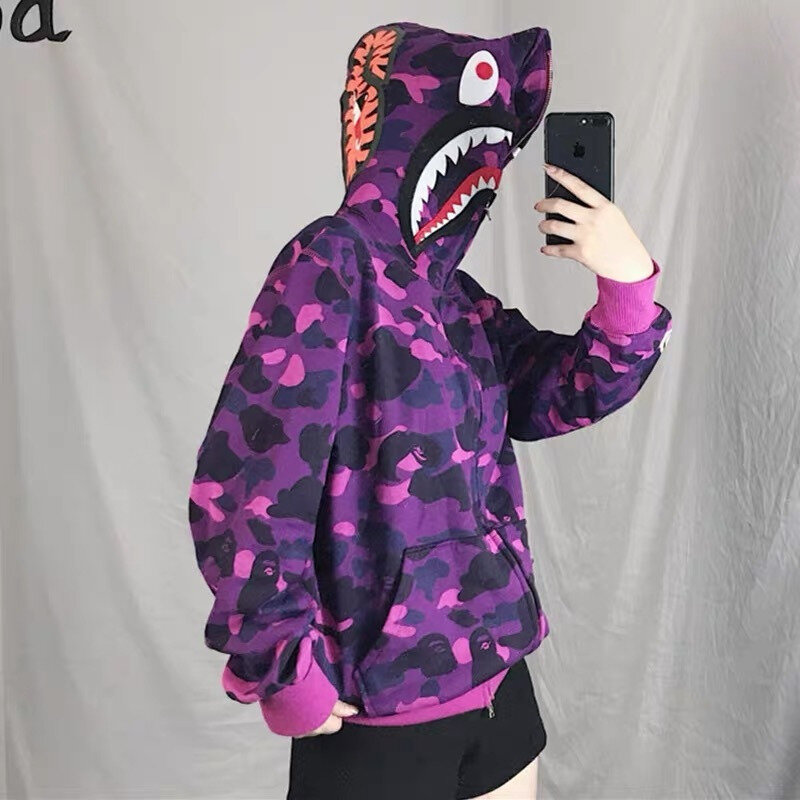 Tubarão camuflagem Zip Up Hoodie, cabeça de tubarão, camisola com capuz Zipper extragrande, jaqueta Punk Rock, streetwear, moda Y2K, novo