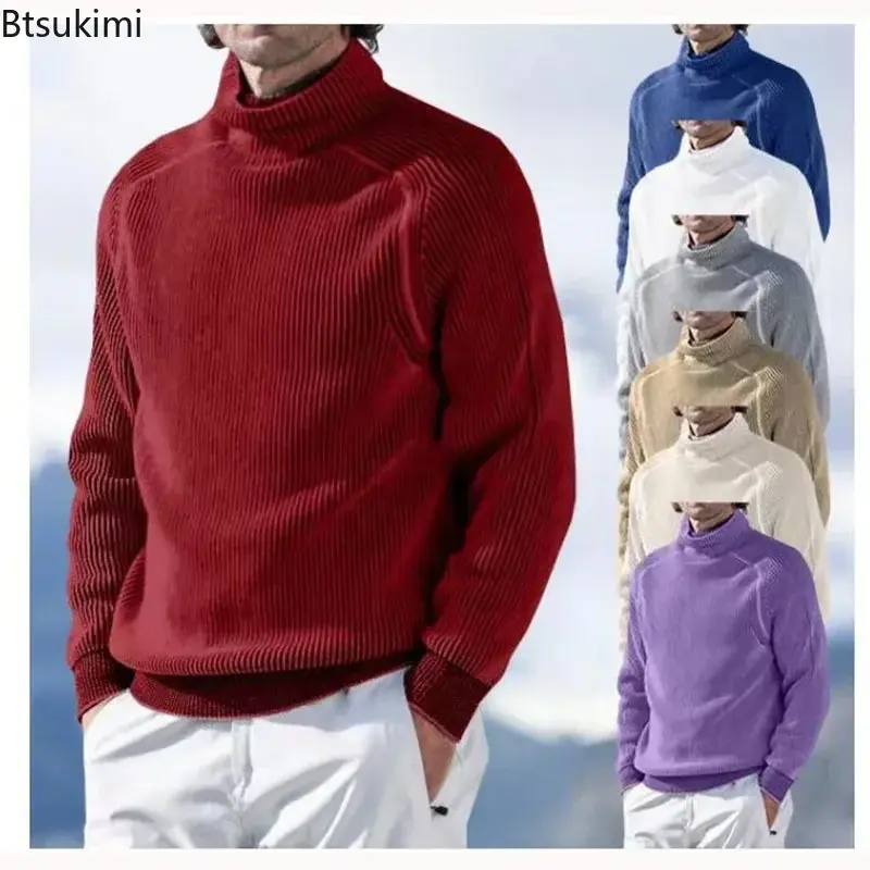 Мужской Повседневный свитер, пуловер, однотонная осенне-зимняя мужская одежда, простая свободная утепленная вязаная рубашка с высоким воротником и длинными рукавами, 2024