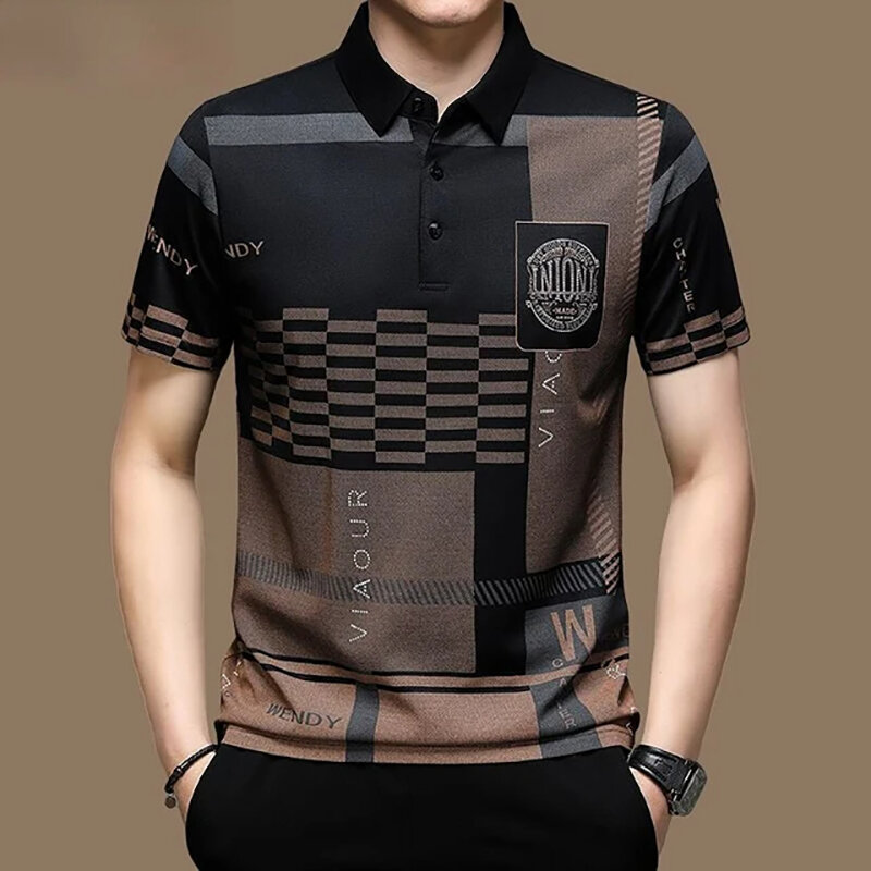 Kaos Polo pria bisnis kasual musim panas lengan pendek motif pola cetak kancing T Shirt pakaian longgar Fashion Polo T Shirt
