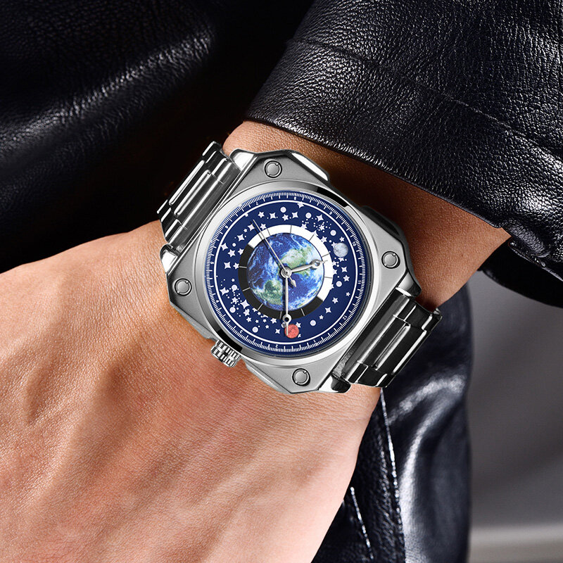 LIGE kreatywne męskie zegarki kwadratowe modne kwarcowe zegarki na rękę księżycowe gwiazdy zegarek świetlny dla mężczyzn męski zegar Reloj Hombre + Box