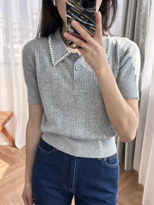 Women's Gray Knitted Sweater Pearl Decoration Hollow out Turn-down Collar Short Sleeve Sweet Summer 2024 Pullover