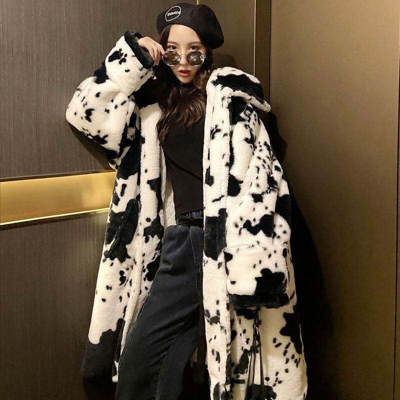2023 Winter New Women Faux Mink-like Fur Coat Loose Long Hooded Casual Outwear Female Thicken Warm Fashion Zebra Prints Parkas