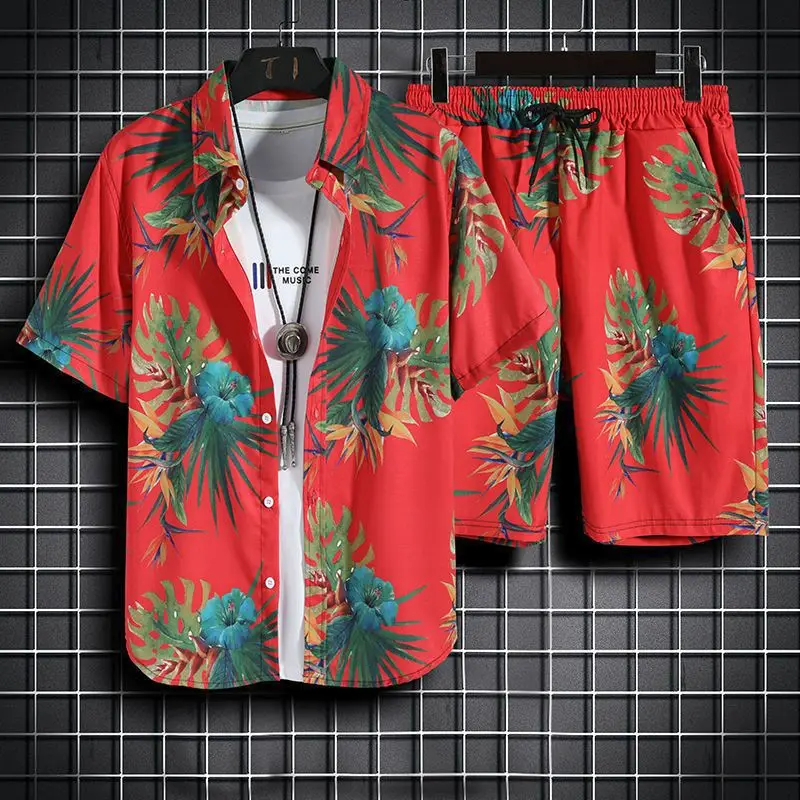Quần áo ngắn Hawaii Suit for Men and Women Tropical Plant Print Fashion Button Shirt Top Short Sleeve Shorts