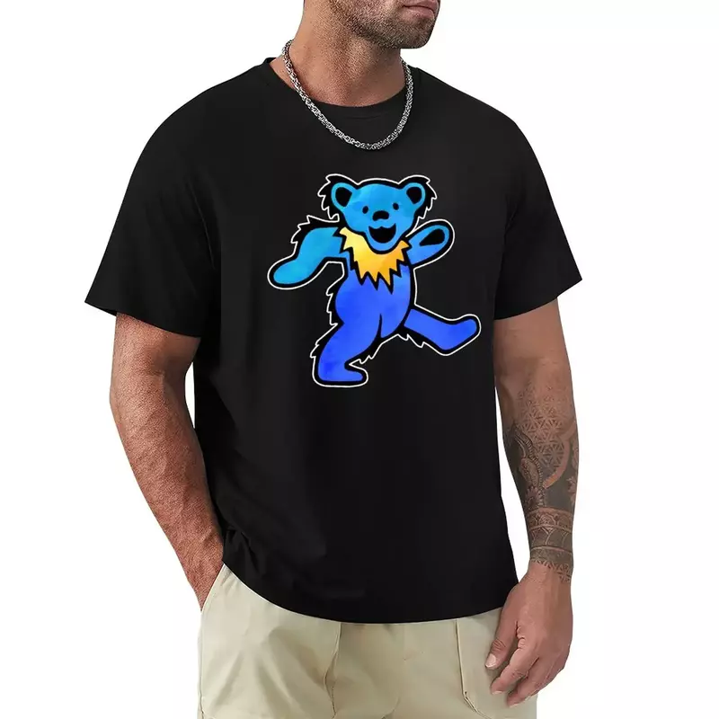 Camiseta azul de dança terrestre masculina, blusa clássica de urso morto do rock, animal print, grande e alta, meninos, preta, hippie