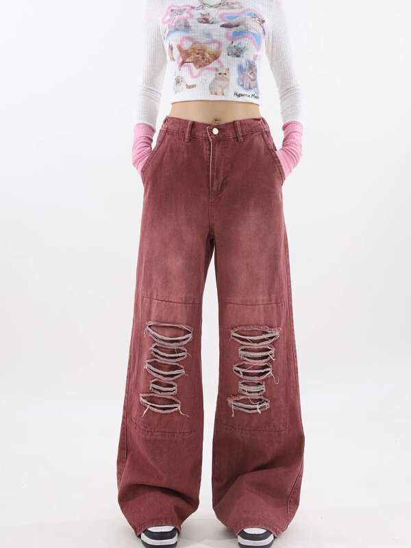 Amerykańska moda Vintage proste dżinsy z szerokimi nogawkami damskie z wysokim stanem luźne, rozerwane dżinsy z prostymi nogawkami