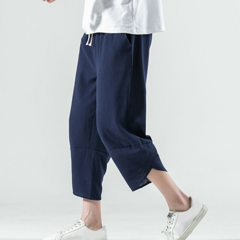 Celana Harem katun Linen pria, celana panjang pantai bersirkulasi udara kasual gaya China musim panas