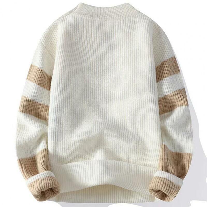 Long Sleeve Sweater Colorblock Knitted Men's Sweater for Fall Winter Thick Warm O Neck Pullover with Long Sleeve Soft Elastic