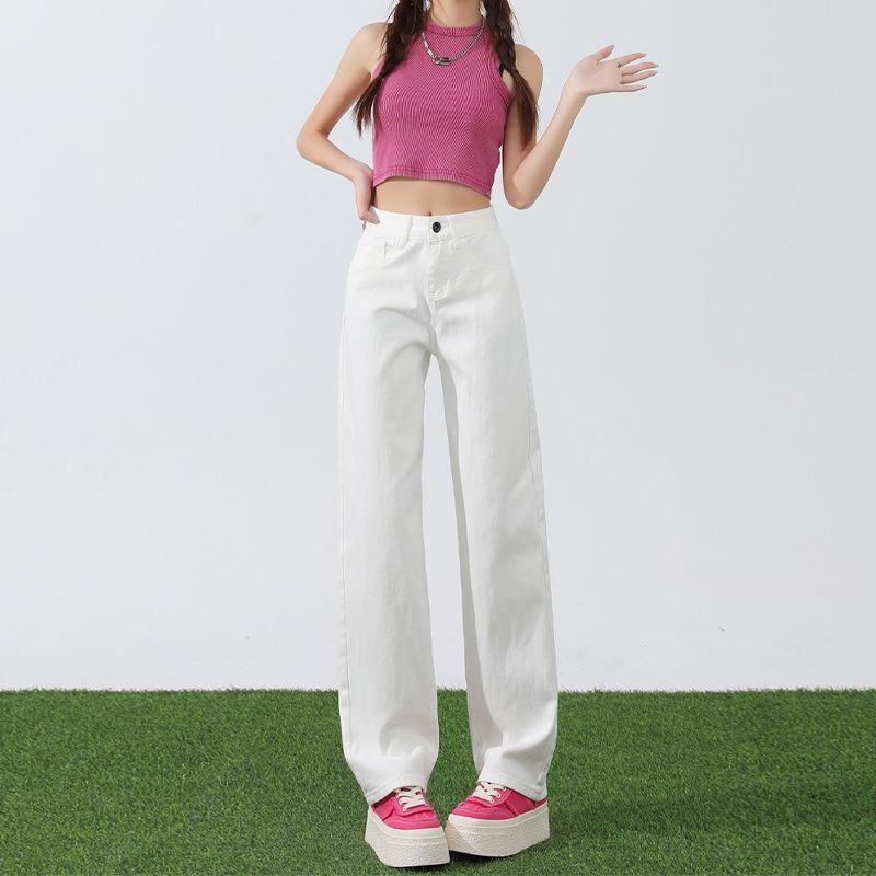 Jeans de perna reta solta edição coreana, calças largas na moda, branco, nova tendência, primavera e verão, 2024