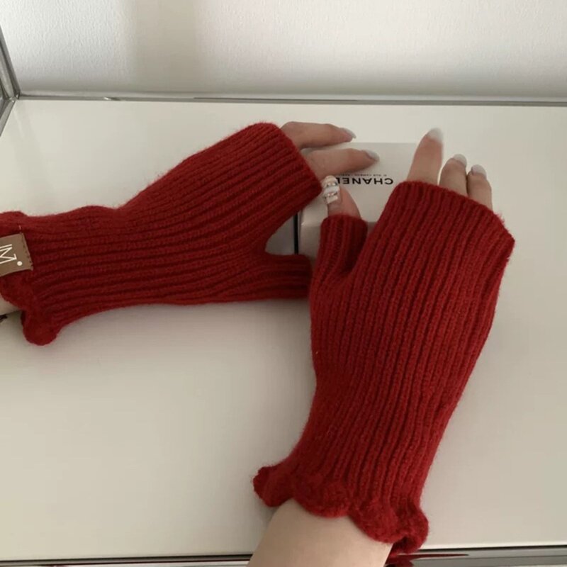 1Pair Solid Color Half Finger Gloves New Short Cold Resistant Fingerless Mittens Lace Knitting Arm Cover Women