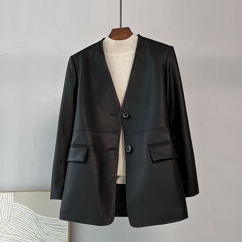 2023 New Genuine Leather Women V-Neck Jackets Fashion Sheepskin Suit High Quality Autumn Coat Casual Loose Elegant Female Coat