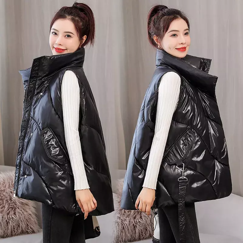 Casual Solid Warm Cotton Padded Vest Female Loose Short Waistcoat 2023 Women's Sleeveless Winter Jacket Glossy Stand Collar Coat