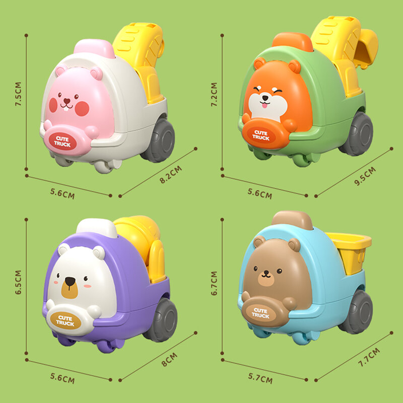 4PCS Baby Mini Inertia Toys Car Cute Animals Car Realistic Engineering Truck Engineering Vehicle Montessori Toys for Toddlers