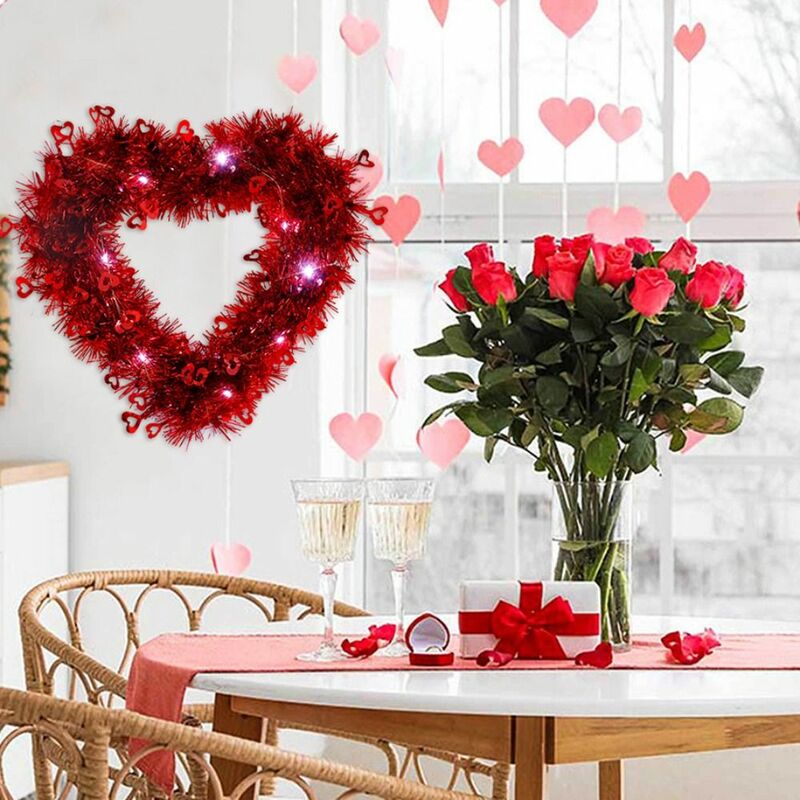 LEDライト付きハート型ガーランズ、タンセルリース、光沢のある赤、装飾品、雰囲気の装飾、バレンタインデー
